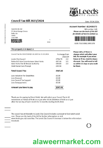 United Kingdom Leeds City Council tax business utility bill template in Word and PDF formats